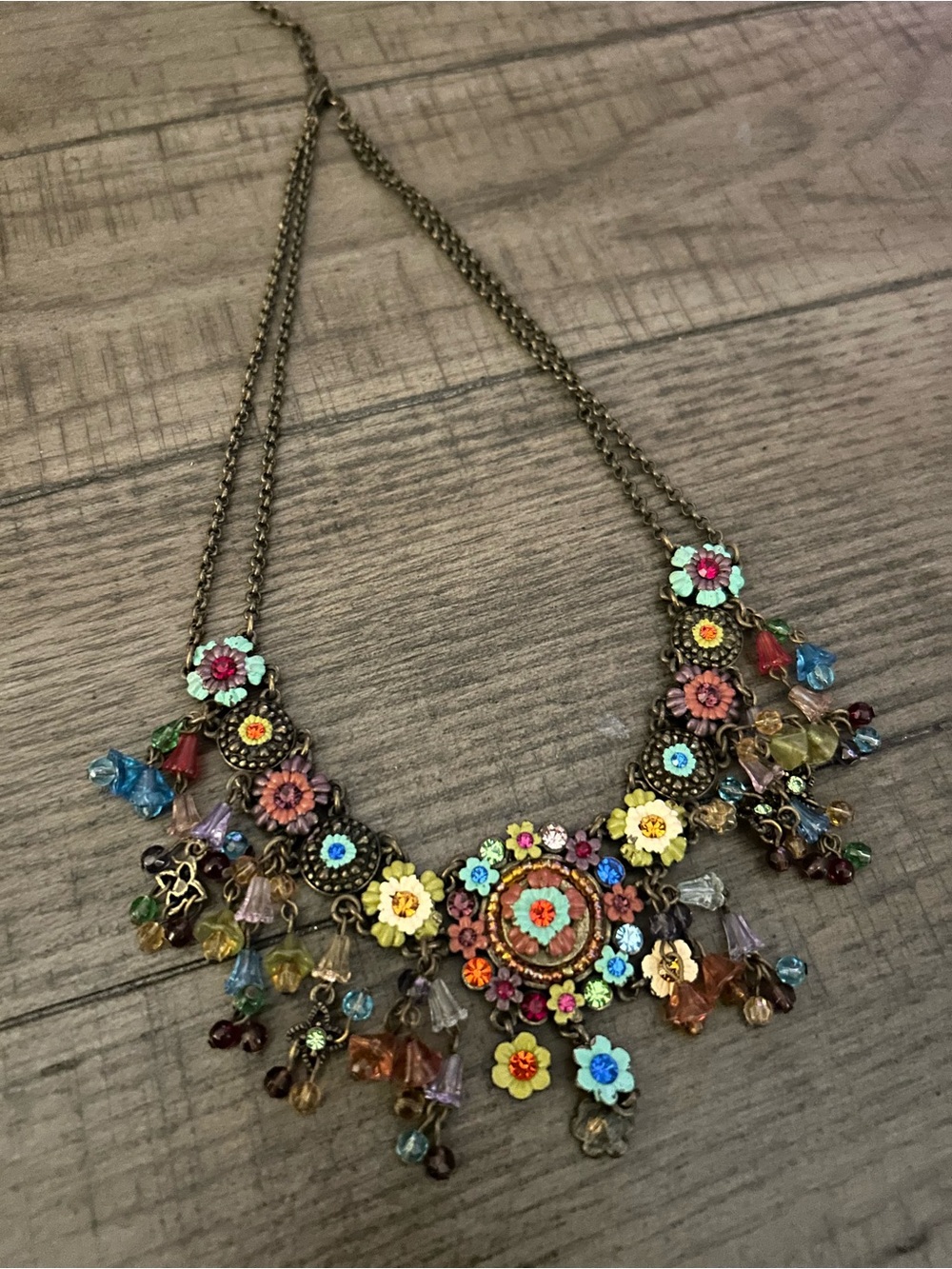 Vintage Colorful Floral Bib Necklace On Dark Double Chain